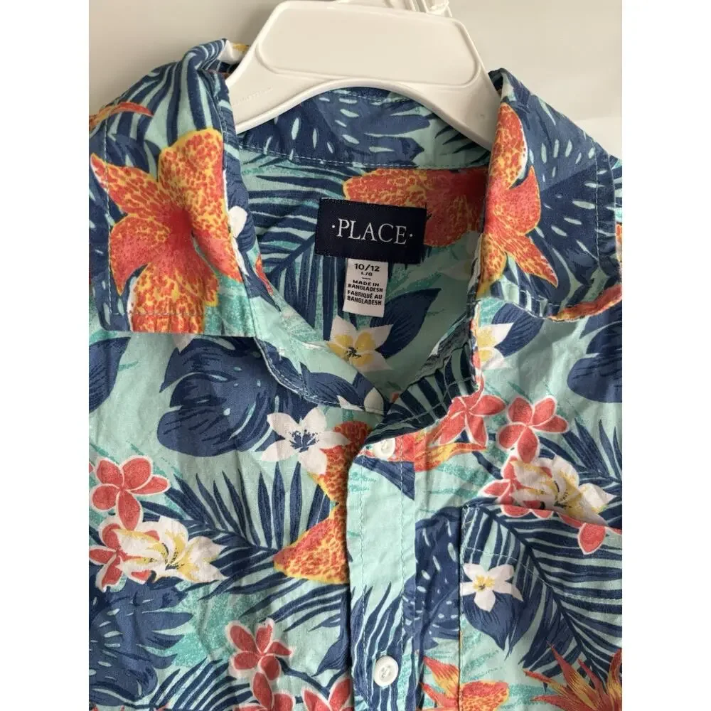The Childrens Place Boys Large 10-12 Tropical Hawaiian Button Up Shirt Cotton